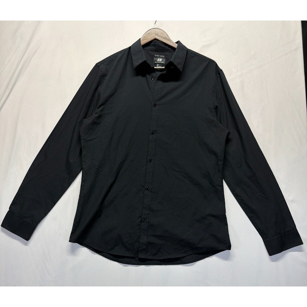 H&M Easy Iron Shirt Men's Large Black Slim Fit Long Sleeve Collared Button Up